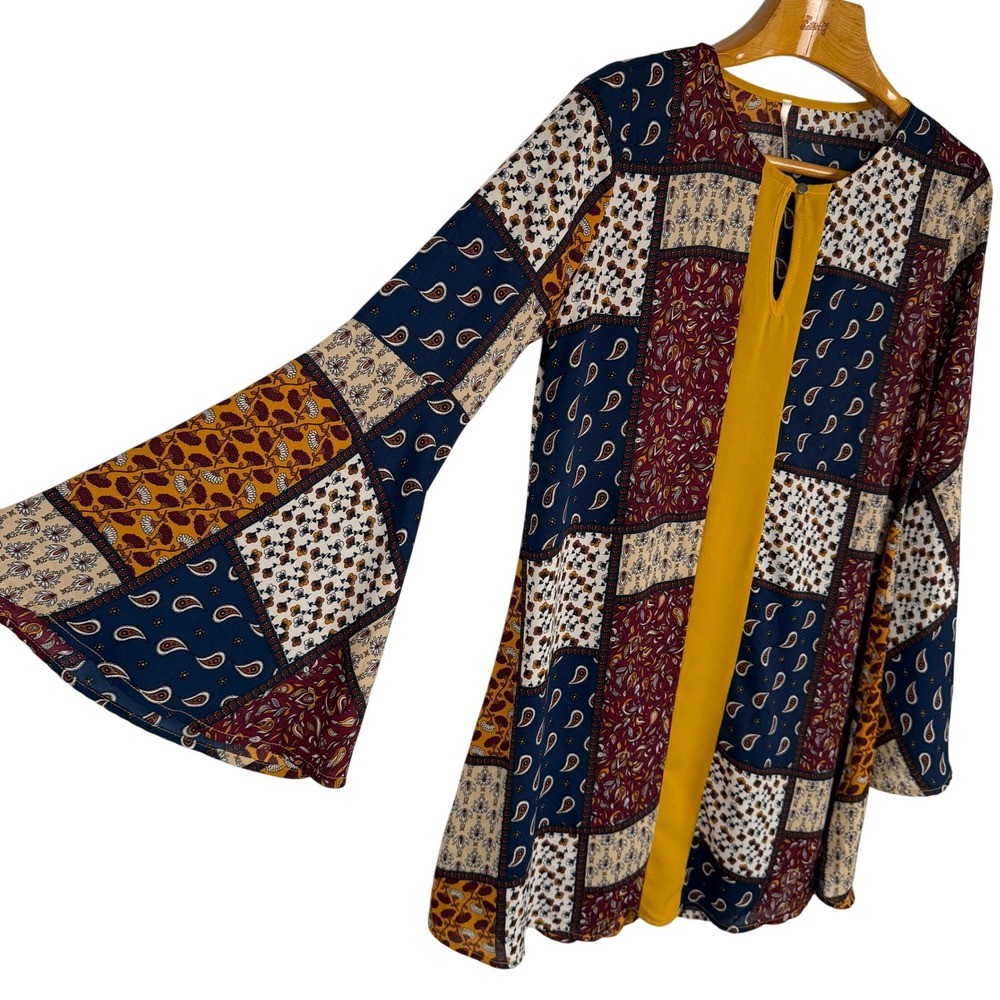 Mittoshop Dress Womens M Paisley Patchwork Bell Sleeve Boho Mini Mustard Navy